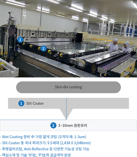 -Wet coating 장비 中 가장 얇게 코팅 (도막두께 1-3um), -Slit Coater 중 국내 최대크기:9.5세대(2,438 X 3,048mm), -투명칼라코팅, Anti-Reflective등 다양한 기능성 코팅 가능, -핵심소재 및 기술 'N'社, 'p'社와 공급계약 완료